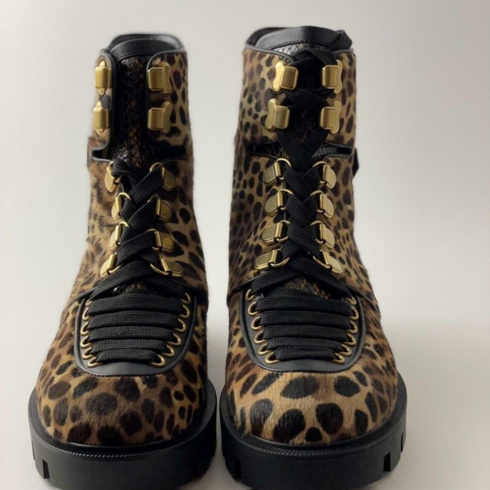 NIB Christian Louboutin MACADEMIA Leopard Pony Lace Up Moto Biker Combat Boots - Picture 7 of 12